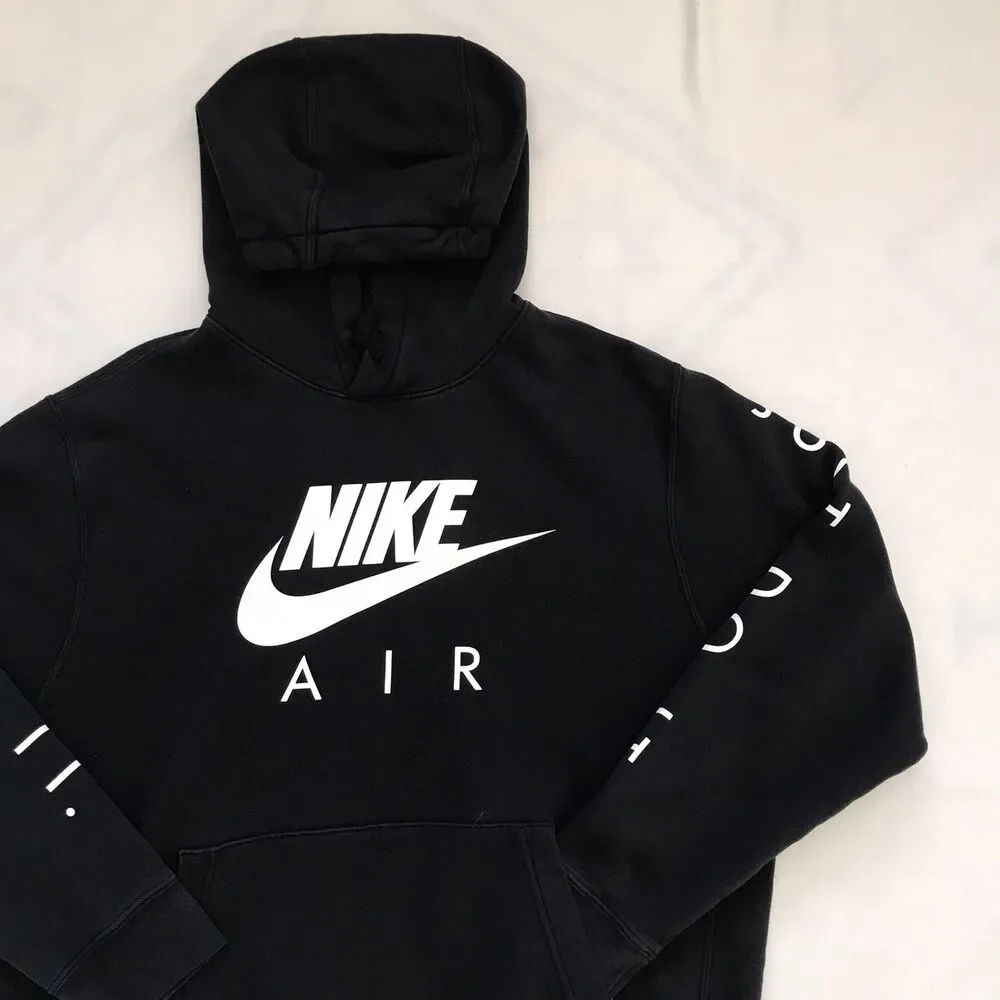 Nike Black Cotton Fleece Long Sleeve Logo Pullover Hoodie Unisex L Casual